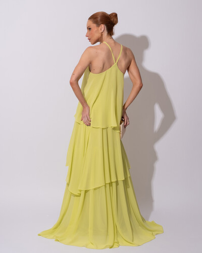 FotoVestido Longo Crepe Chiffon Babado em Camadas Verde Lima