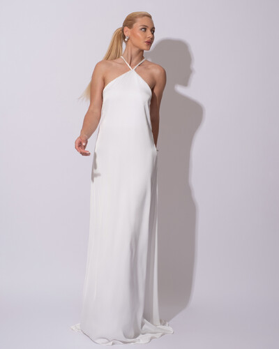 Foto Vestido Longo de Cetim com Decote Triangular e Amarração nas Costas Degagê Branco