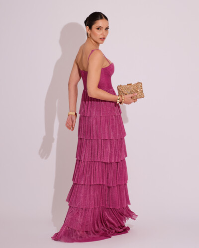 FotoVestido de Festa Longo Tule Glitter com Camadas Fúcsia