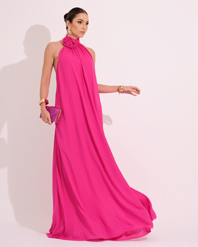 Foto Vestido Longo Crepe Chiffon Frente Única Fluido Flor Removível Pink