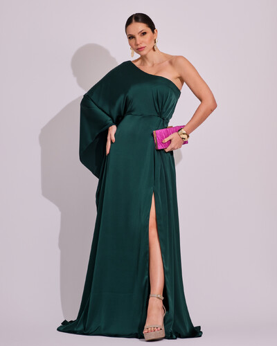 Foto Vestido Longo de Cetim Fluido uma Manga e Detalhe Torcido Verde Escuro