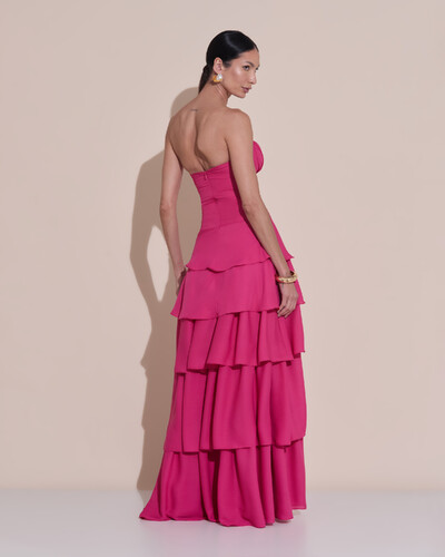 Foto Vestido de Festa Longo Tomara que Caia Drapeado Crepe Chiffon Babados Camadas Pink Escuro