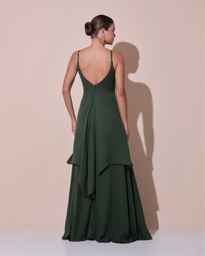 Foto Vestido de Festa Longo Decote Coração Plissado Crepe Chiffon Babados Cascata Verde Escuro New