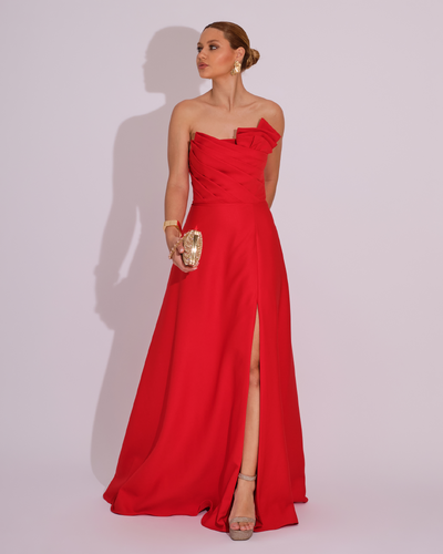 Foto Vestido de Festa Longo Alfaiataria Tomara que Caia com Fenda Detalhe Vermelho