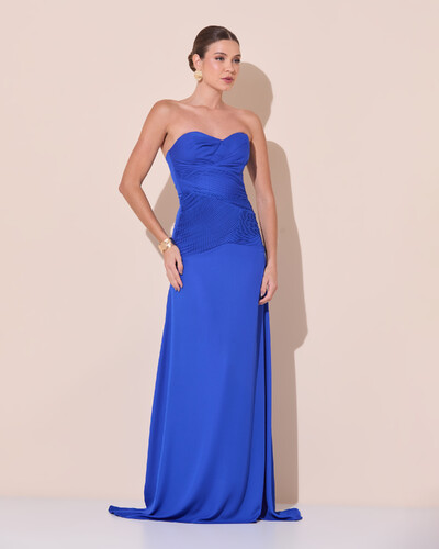 Foto Vestido de Festa Longo Decote Coração Crepe Chiffon Drapeado Plissado Lenço Azul Royal