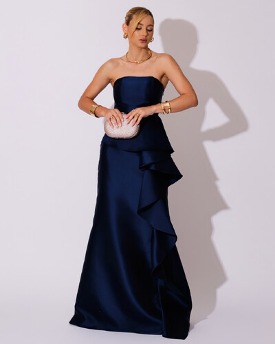 Foto Vestido de Festa Longo Tomara que Caia Babado Cascata Azul Marinho