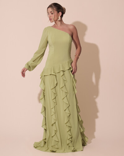 Foto Vestido de Festa Longo Crepe Um Ombro Só Manga Longa e Babados Cascata Verde Garden