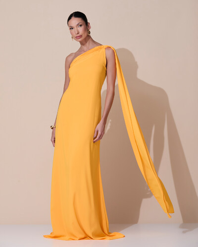 Foto Vestido de Festa Longo Crepe Chiffon Um Ombro Só Drapeado Laranja Manga New