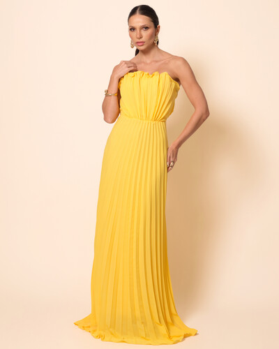 Foto Vestido de Festa Longo Tomara que Caia Plissado Detalhe Amarelo