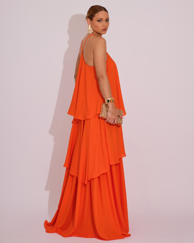 FotoVestido Longo Babado em Camadas Laranja