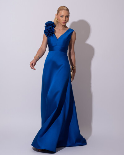 Foto Vestido de Festa longo Zibeline Decote em V com Flores Removível Azul Royal