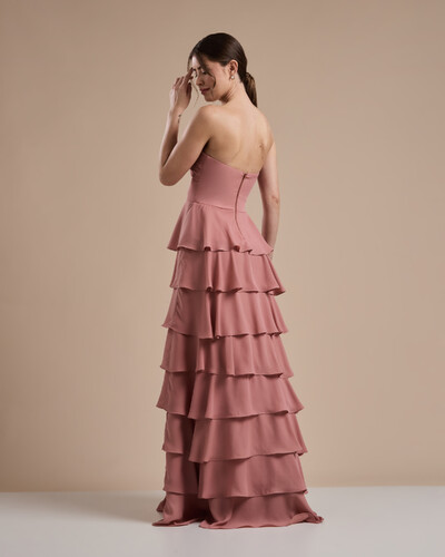 FotoVestido Longo Crepe Chiffon Tomara que Caia Plissado em Camadas Rose