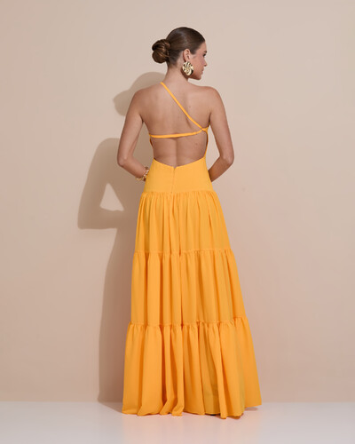 Foto Vestido de Festa Longo Um ombro Só Crepe Chiffon Saia Fluida Laranja Manga New