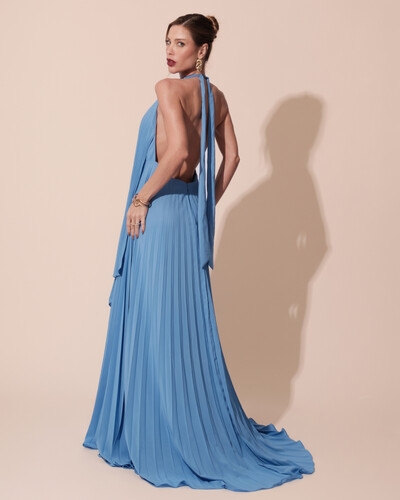 FotoVestidos de Festa Longo Chiffon Fluido Frente Única Plissado Duplo Azul Atlantis
