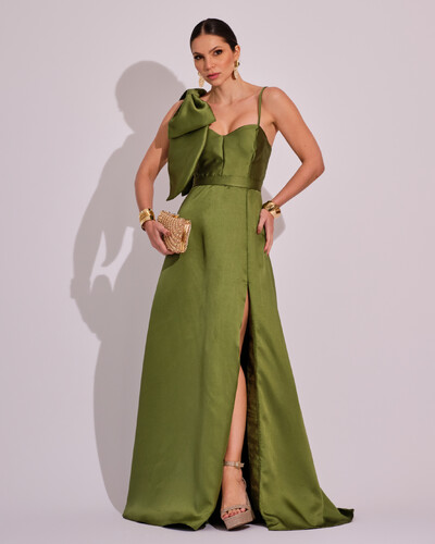 Foto Vestido de Festa Longo em Zibeline com Laço Removível Verde Oliva