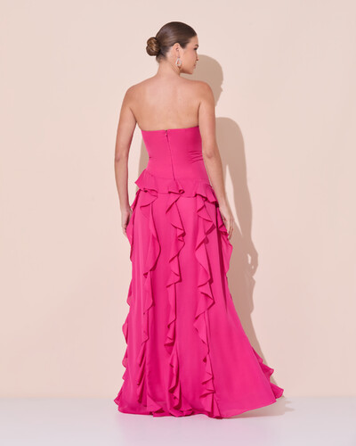 Foto Vestido de festa Longo Tomara que Caia Crepe Chiffon com Babados Cascata e Fenda Pink Escuro