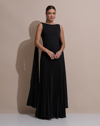 Foto Vestido de Festa Longo Crepe Chiffon Plissado com Lenço nas Alças Preto
