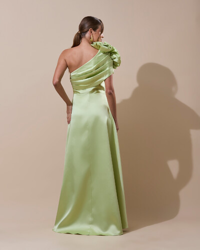 FotoVestido de Festa Longo Zibeline um Ombro Só Flor Drapeado Verde Lima New
