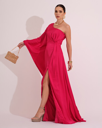Foto Vestido Longo de Cetim Fluido uma Manga e Detalhe Torcido Pink