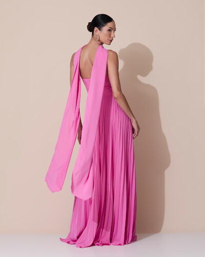 Foto Vestido de Festa Longo Tomara que Caia Plissado com Lenço Rosa New