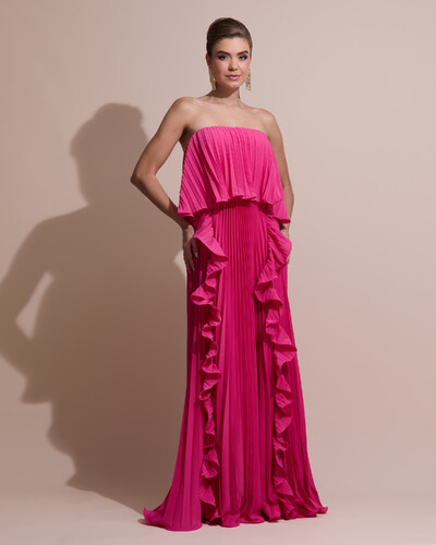 Foto Vestido de Festa Longo Crepe Chiffon Tomara que Caia Plissado com Babado Cascata Pink New