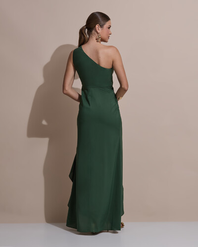 Foto Vestido de Festa Midi Um Ombro Só Crepe Chiffon Babados Cascata Fenda Verde Escuro New