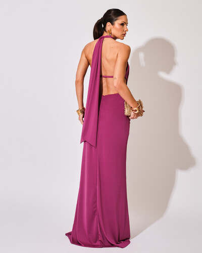 FotoVestido de Festa Longo Malha Jersey Gola Alta Saia Sereia Fúcsia Beterraba