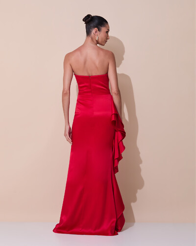 Foto Vestido de Festa Longo Tomara que Caia Cetim Babado Fenda Vermelho