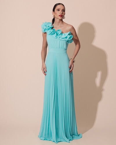 Foto Vestido de Festa um Ombro Só Flor Saia Plissado Tiffany