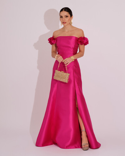 Foto Vestido Longo de Festa Zibeline Ombro a Ombro com Flores e Fenda Pink