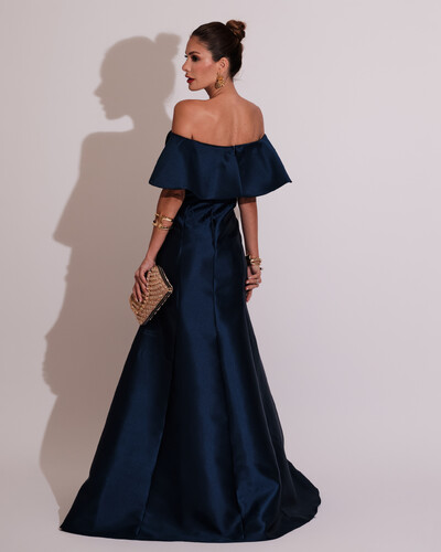 FotoVestido de Festa Longo Ombro a Ombro Zibeline com Babado Azul Marinho