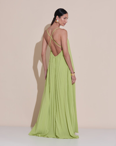 Foto Vestido de Festa Longo Plissado Crepe Chiffon Decote V Alças Finas Verde Garden