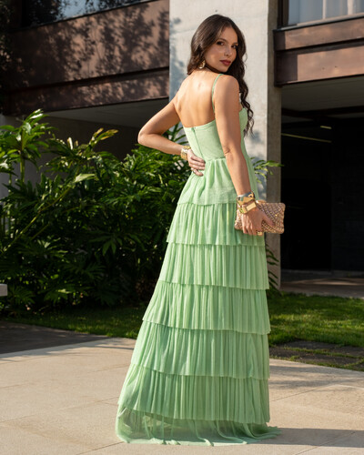 FotoVestido de Festa Longo Tule Glitter com Camadas Verde Lima
