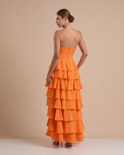 FotoVestido Longo Crepe Chiffon Tomara que Caia Plissado em Camadas Laranja