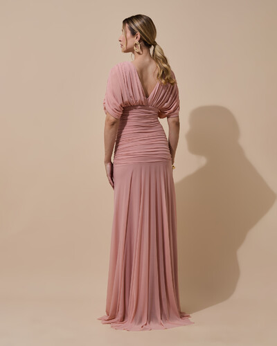 Foto Vestido de Festa Longo Tule Manga Curta Drapeado Rose