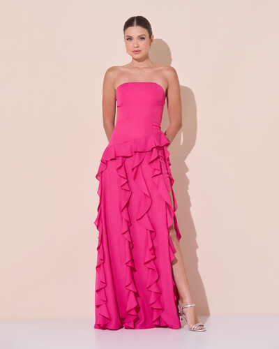 Foto Vestido de festa Longo Tomara que Caia Crepe Chiffon com Babados Cascata e Fenda Pink Escuro