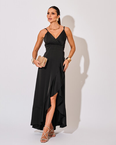 Foto Vestido Midi Babado Acetinado Preto