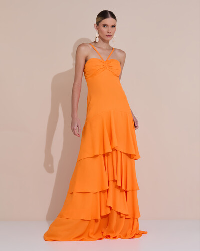 Foto Vestido Longo Crepe com Babado em Camadas Laranja