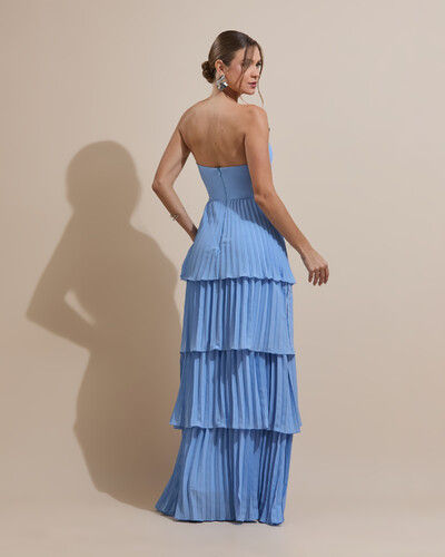 FotoVestido de Festa Longo Tomara que Caia Crepe Chiffon Plissado Camadas Azul Serenity