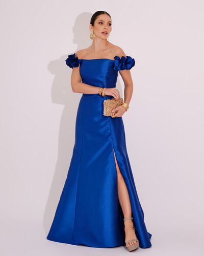 Foto Vestido Longo de Festa Zibeline Ombro a Ombro com Flores e Fenda Azul Royal
