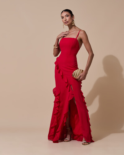 Foto Vestido de Festa Longo Alças Finas Crepe Chiffon Babado Cascata Fenda Costas V Vermelho