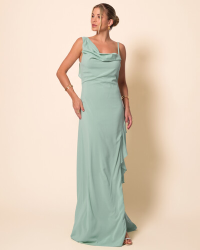 Foto Vestido de Festa Longo Crepe Chiffon Degagê com Fenda e Babado Cascata Verde Menta