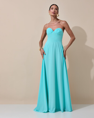 Foto Vestido de Festa Longo Tomara que Caia Crepe Chiffon Decote Coração Lenço Tiffany