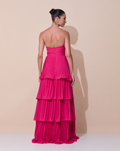 Foto Vestido de Festa Longo Tomara que Caia Crepe Chiffon Plissado Camadas Pink Escuro