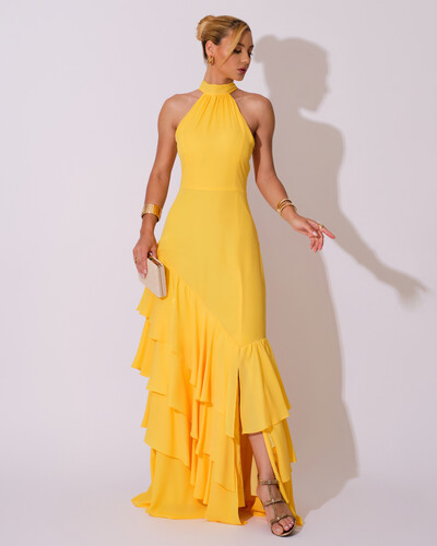 Foto Vestido de Festa Longo Chiffon Crepe Gola Alta Babados Amarelo