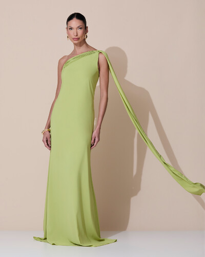 Foto Vestido de Festa Longo Crepe Chiffon Um Ombro Só Drapeado Verde Claro