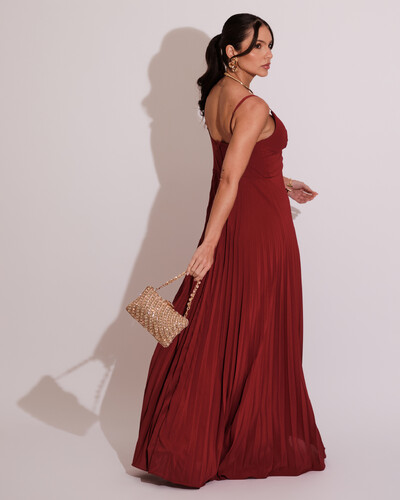 FotoVestido de Festa Longo Plissado Crepe Chiffon com Alça Marsala