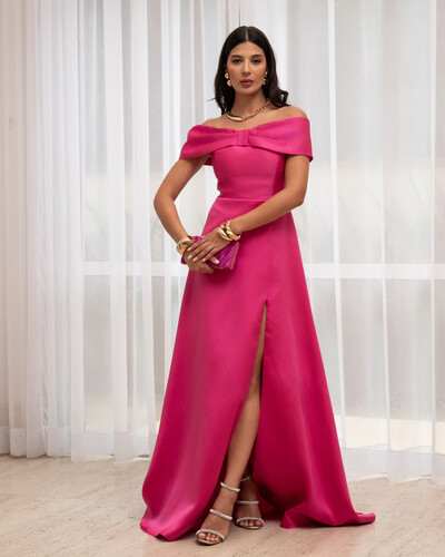 Foto Vestido de Festa Longo Ombro a Ombro Laço Zibeline com Fenda Pink