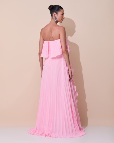 Foto Vestido de Festa Longo Crepe Chiffon Tomara que Caia Plissado com Babado Cascata Rosa Claro