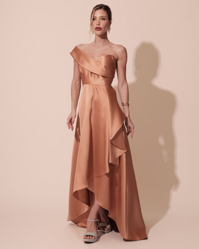 Foto Vestido de Festa Longo Zibeline um Ombro Só Mullet Mocha Mousse New
